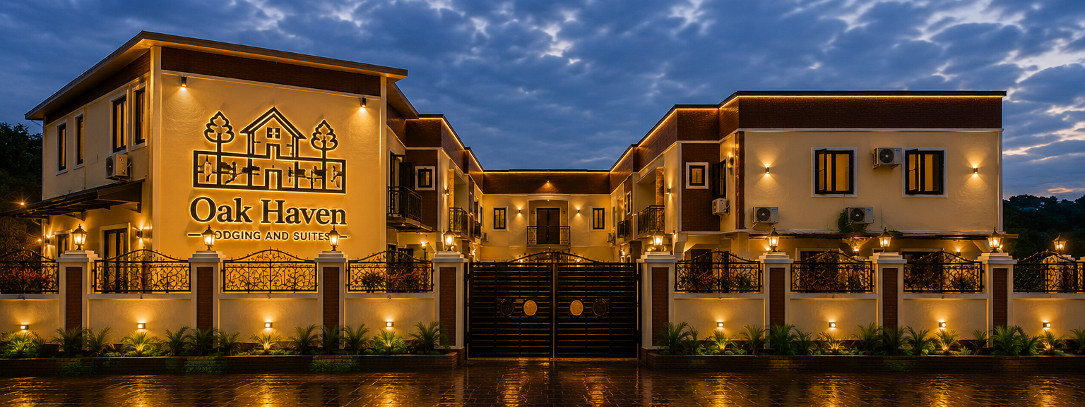 Complete front view of Oak Haven Lodging and Suites at dusk