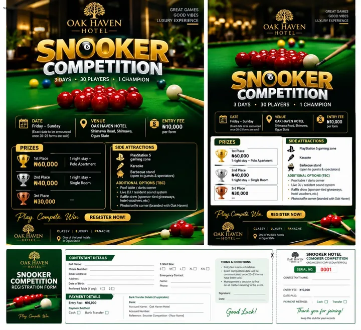Oak Haven Hotel Snooker Competition flyer showing a three-day, 30-player competition with cash prizes and entertainment.